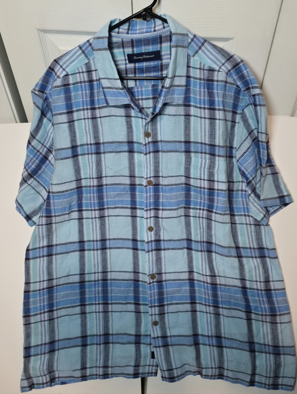 Tommy Bahama Blue Plaid Short-Sleeve 100% Linen Button-Down Shirt